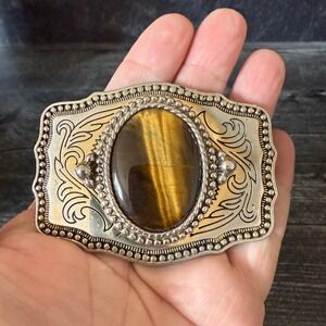 Vintage Western Boho Belt Buckle | Silver Tone Tiger Eye Stone